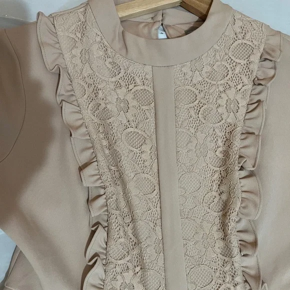 NWT ASOS Lace Panel Fit & Flare Dress Soft Taupe Beige/ Nude Beige Size US 12 - Picture 13 of 16